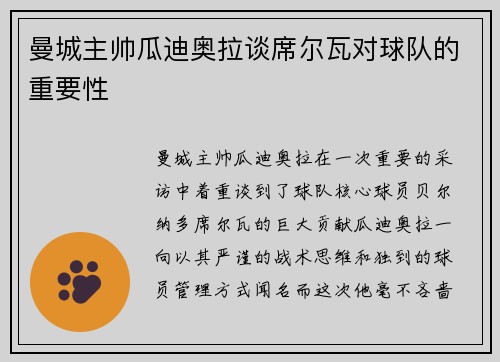 曼城主帅瓜迪奥拉谈席尔瓦对球队的重要性