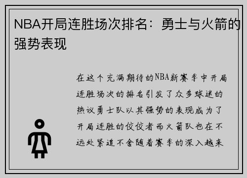 NBA开局连胜场次排名：勇士与火箭的强势表现