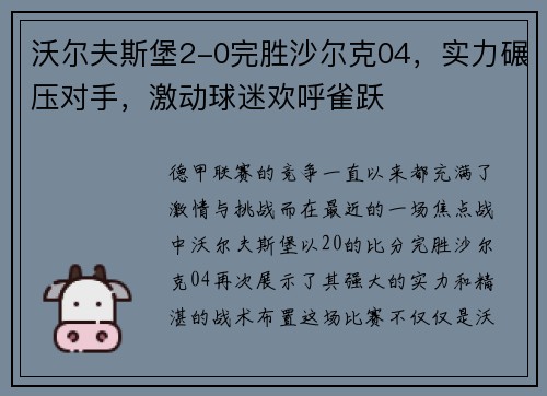 沃尔夫斯堡2-0完胜沙尔克04，实力碾压对手，激动球迷欢呼雀跃