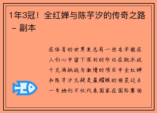 1年3冠！全红婵与陈芋汐的传奇之路 - 副本