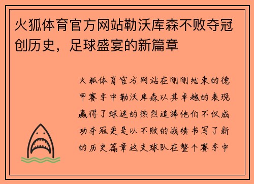 火狐体育官方网站勒沃库森不败夺冠创历史，足球盛宴的新篇章