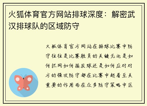 火狐体育官方网站排球深度：解密武汉排球队的区域防守